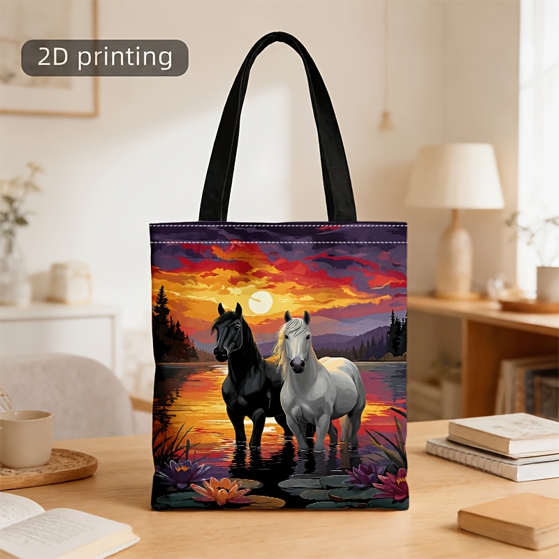 TEMU Crossbody Bag And Handbag For Men And Women, Sunset Lake Black & White 2 Horses Print Large Capacity Tote Crossbody Bag Unisex For Commute