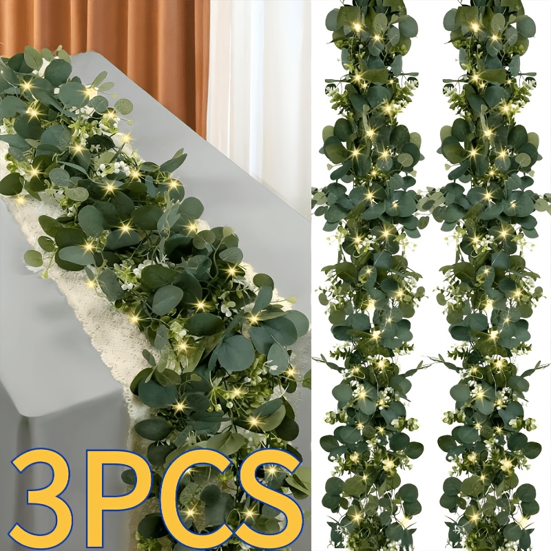 TEMU 3 Packs Of 6-foot Lighted Eucalyptus Garlands| Green Floral Garland Decoration, Artificial Simulated Eucalyptus Leaves And , Used For Table