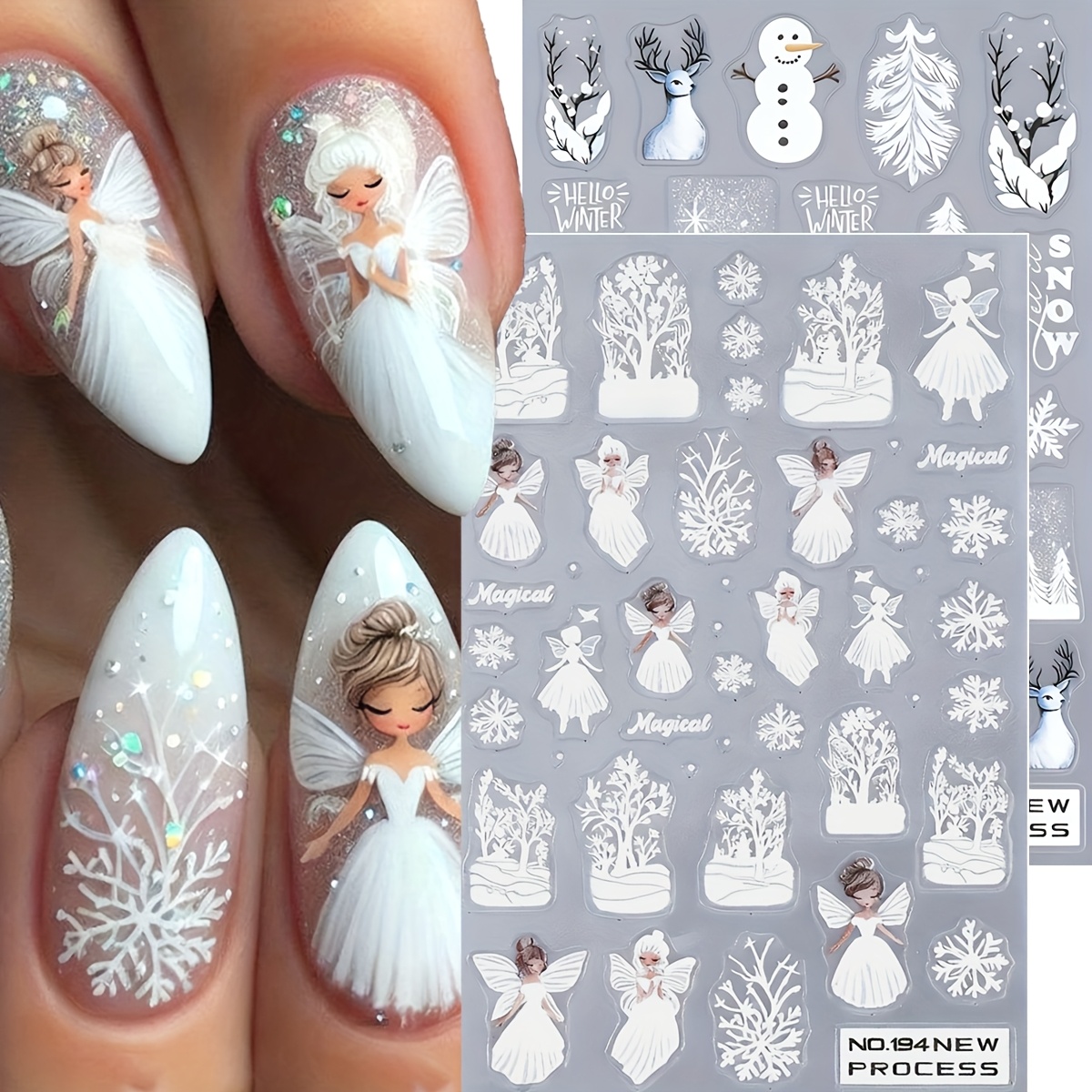 Image of 2 Sheets 5d Winter Christmas Nail Art Stickers - 3d Glossy Embossed Snowflakes, Trees, Angels, Snowmen & Reindeer With Easy & Stick Application, Cute Diy Holiday Nail Decals For Women, (no Needed)