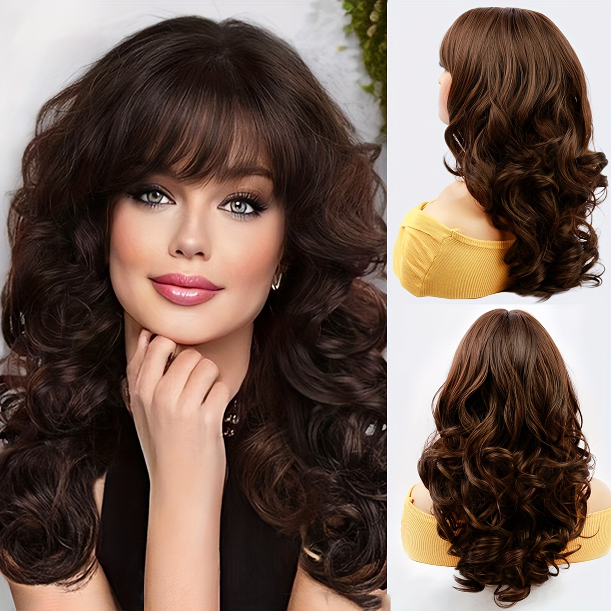 

22-inch Brown Curly Wave Synthetic Wig With Bangs, , Breathable Cap, 150% Density, , Suitable For And For Women