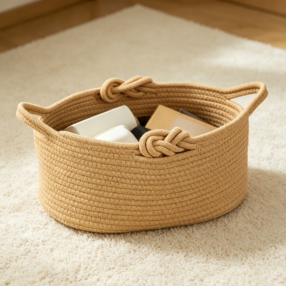 Inwagui Foldable Rope Basket with Handles, Oval Laundry Basket Stackable, Soft And Firm Storage Basket for Clothes, Blanket, Towels, Socks, Decorative Basket Box, Bathroom, Bedroom, Spring Summer, Laundry Baskets