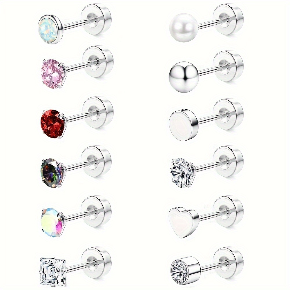 Image of 12pcs Flat Back Stud Earrings, Stainless Steel Synthetic Zirconia Cartilage Piercing Earrings Set For Women