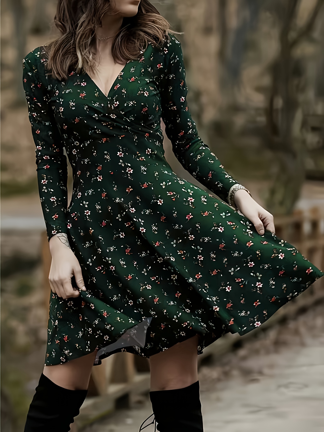 elegant directional flower print autumn winter long sleeve v