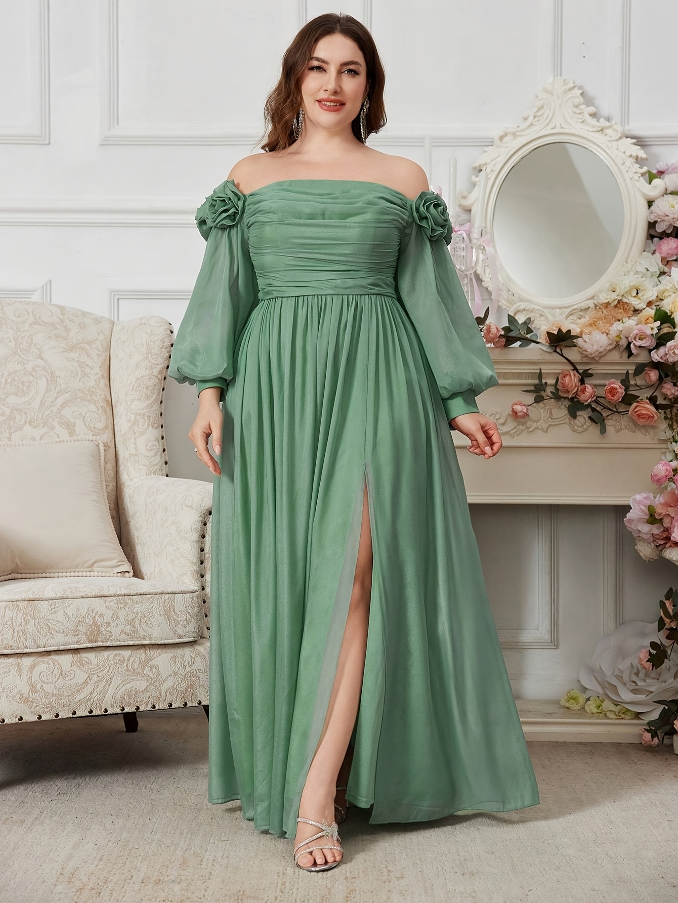 plus size elegant shoulder green maxi dress lantern sleeves - Temu Oman