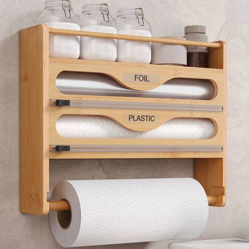 1pc bamboo kitchen paper towel holder 2 compartment plastic wrap cutter wall mounted storage box