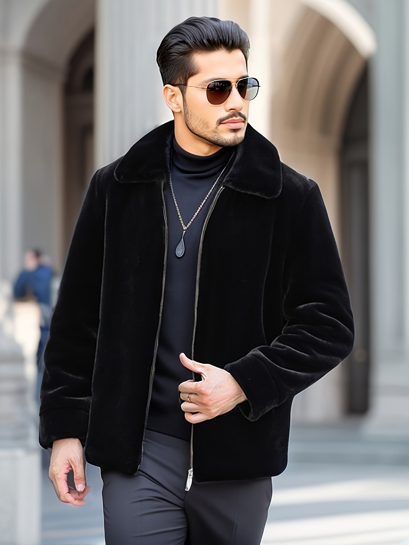 Warm Fleece PU Jacket, Men's Casual Solid Color Zip Up Fur Collar Faux  Leather Jacket For Fall Winter