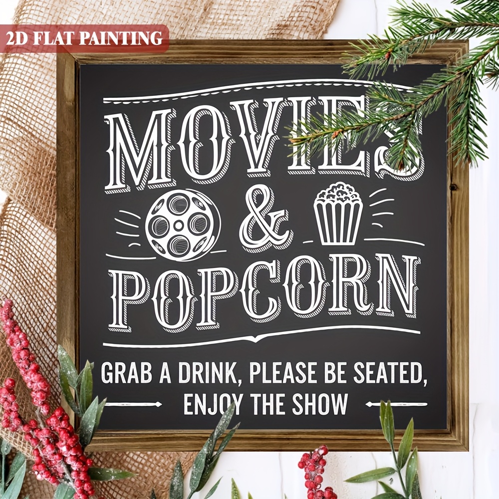 TEMU 1pièce Cinéma Maison Signe En Bois "Films & Popcorn" - 8x8 Pouces Cadre Décoratif Intérieur Pour Maison, Chambre, Salle de Jeux, Salle de Bain,