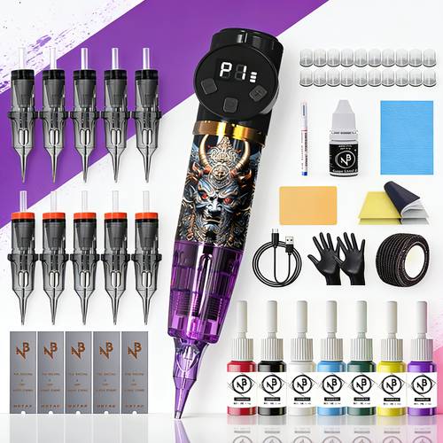 draadloze tattoo kit, draadloze tattoo pen, tattoo kit inclusief 10 tattoo naalden, 7 kleuren tattoo inkt, en tattoo benodigdheden, geschikt voor tattoo beginners en tattoo artiesten