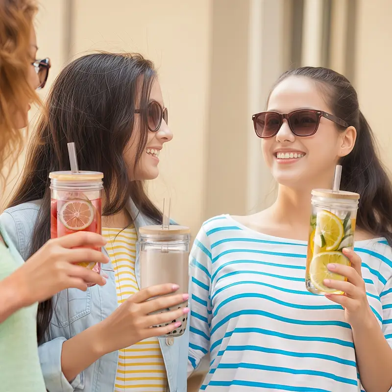 4pcs mason jar drink cups with 4 bamboo lids straws and plastic lids reusable cute iced coffee cup bubble smoothie juice jug Product details 0