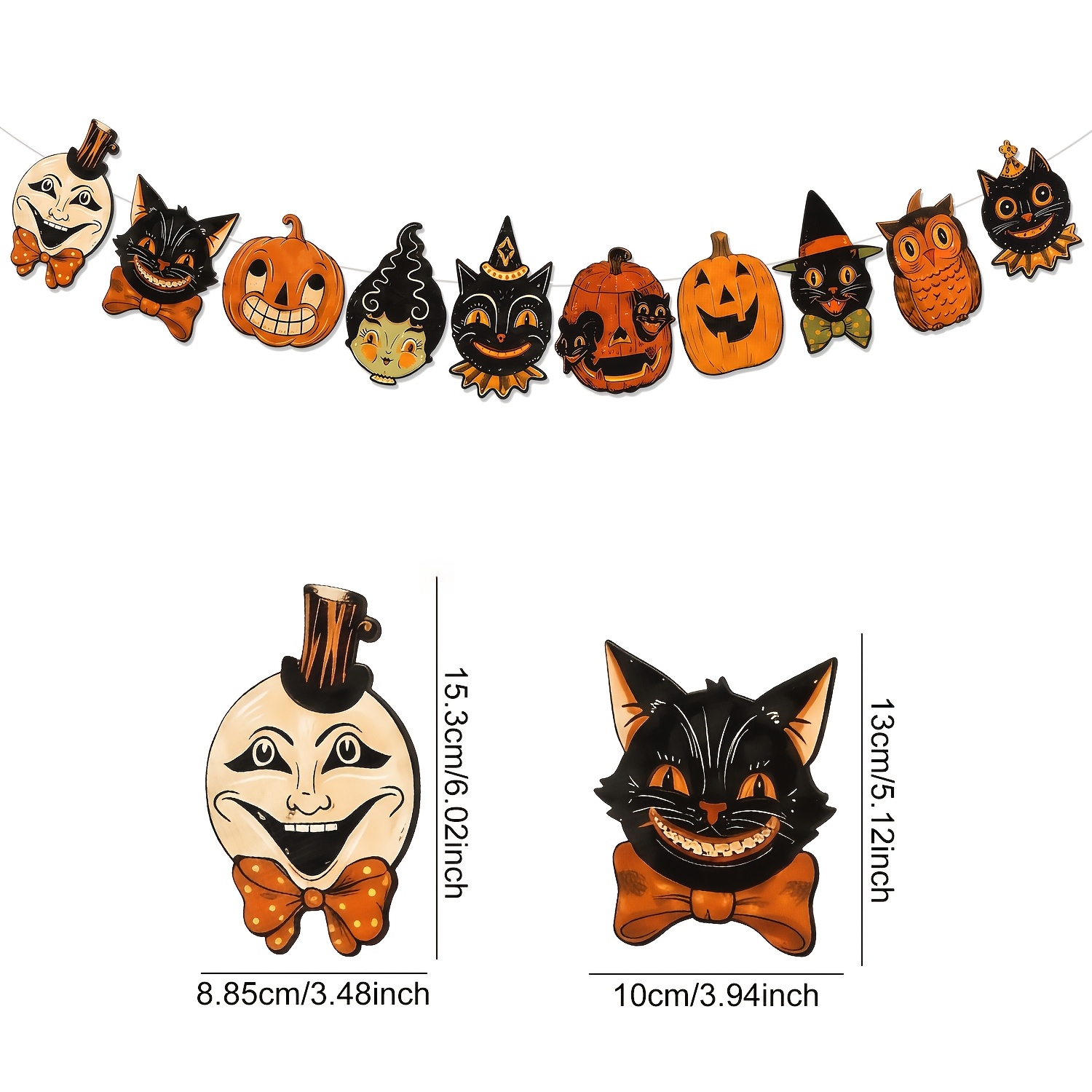 TEMU Guirlande de bannière d'Halloween vintage, fanion d'Halloween rétro avec découpes de , citrouille, , décoration de fête d'Halloween rétro pour