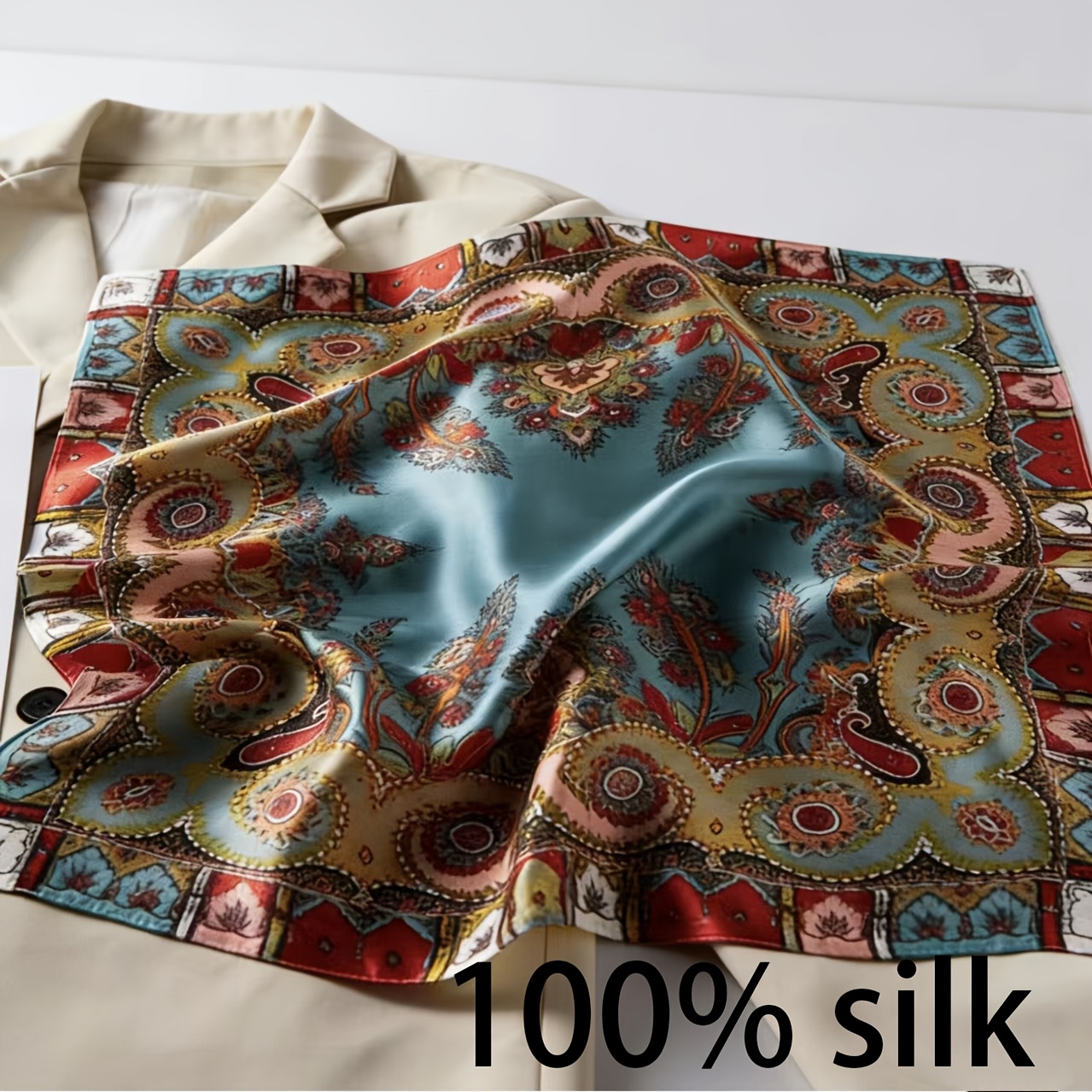 TEMU Style All-match 100% Silk Vintage Full Print Flower Women's Small Square Scarf, , Bag Accessory, Headband, Scarf, With Translucent Lake , Full