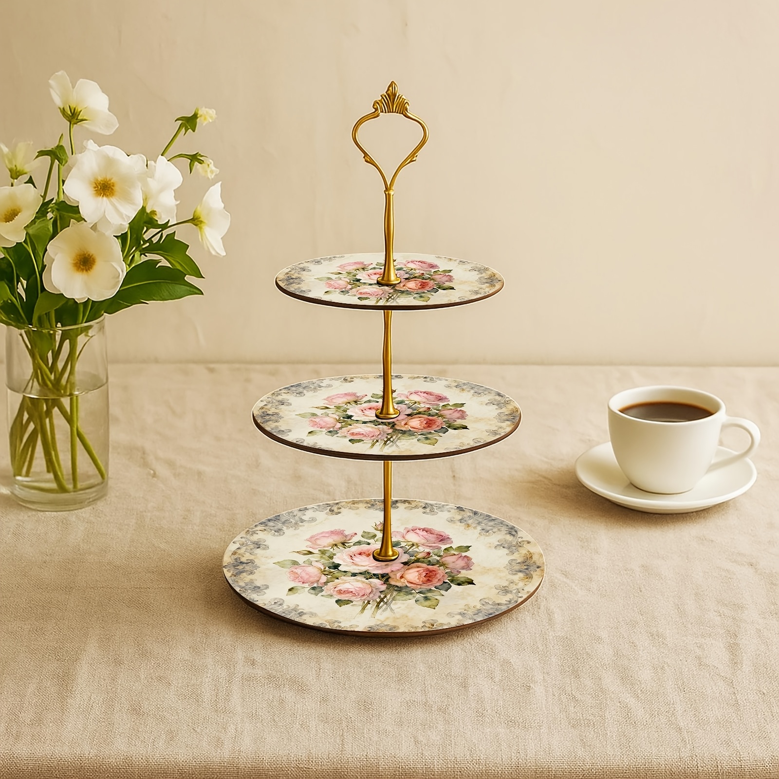 TEMU Bandeja redonda de 3 niveles con estampado floral de retro, soporte para postres/bocadillos/cupcakes, ideal para fiestas de té, , decoración del