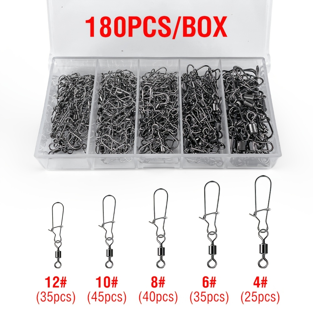 TEMU de 115/180 piezas de mosquetones giratorios tipo broche para pesca, 5 tamaños (4#-12#), giratorio de con un y bloqueo antienroscado, accesorios