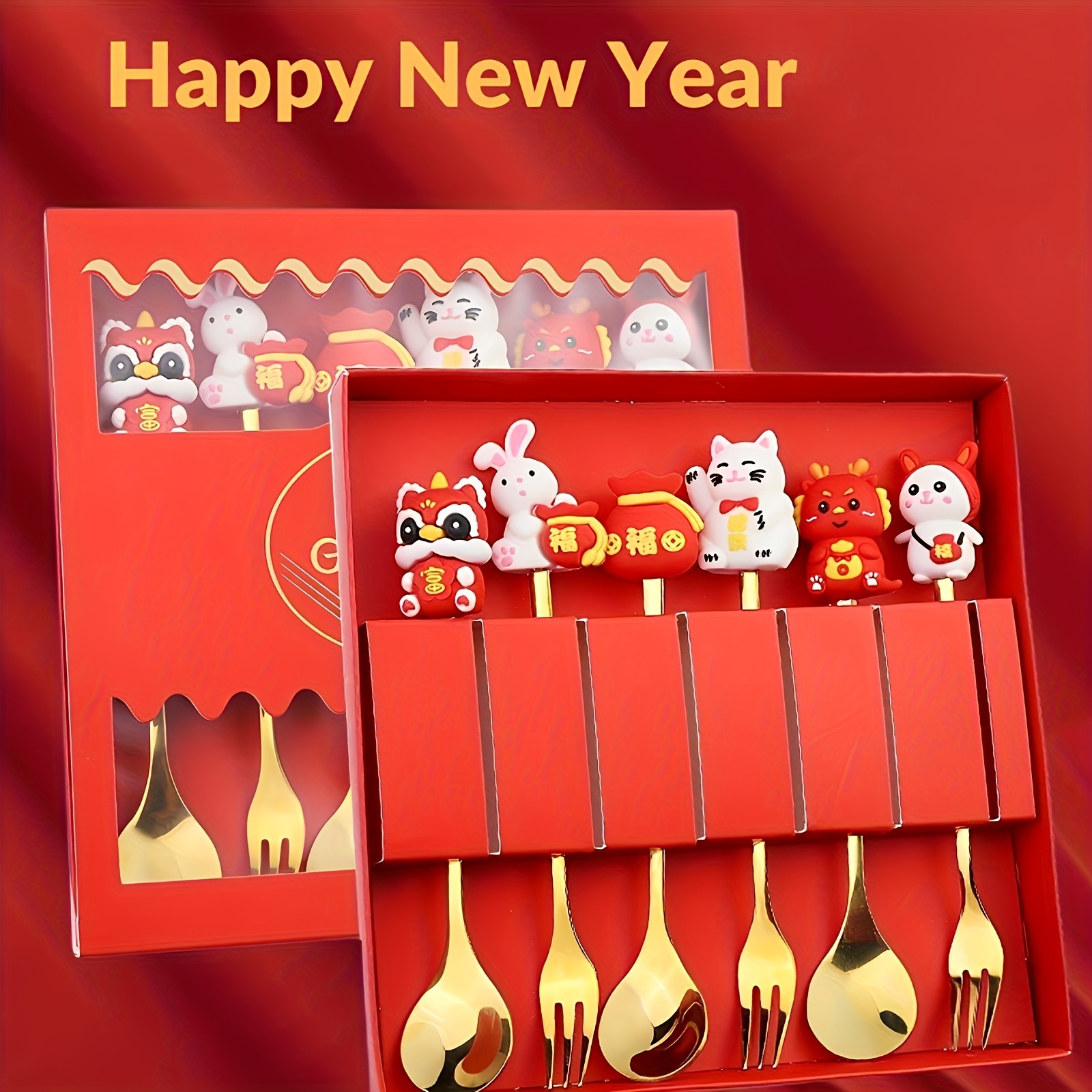 

2/4/6pcs New Year Spring Festival Style Spoon And Fork Dinnerware Gift Set, Year Of The Dragon Theme With Dragon, Rabbit, And Lucky Cat Motifs, Happy New Year Festive Party Gifts