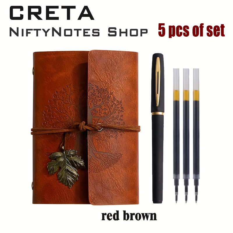 TEMU Lot de 5 carnets spirale vintage avec stylo gel noir et doré et 3 recharges, design créatif arbre à souhaits, couverture en similicuir, journal