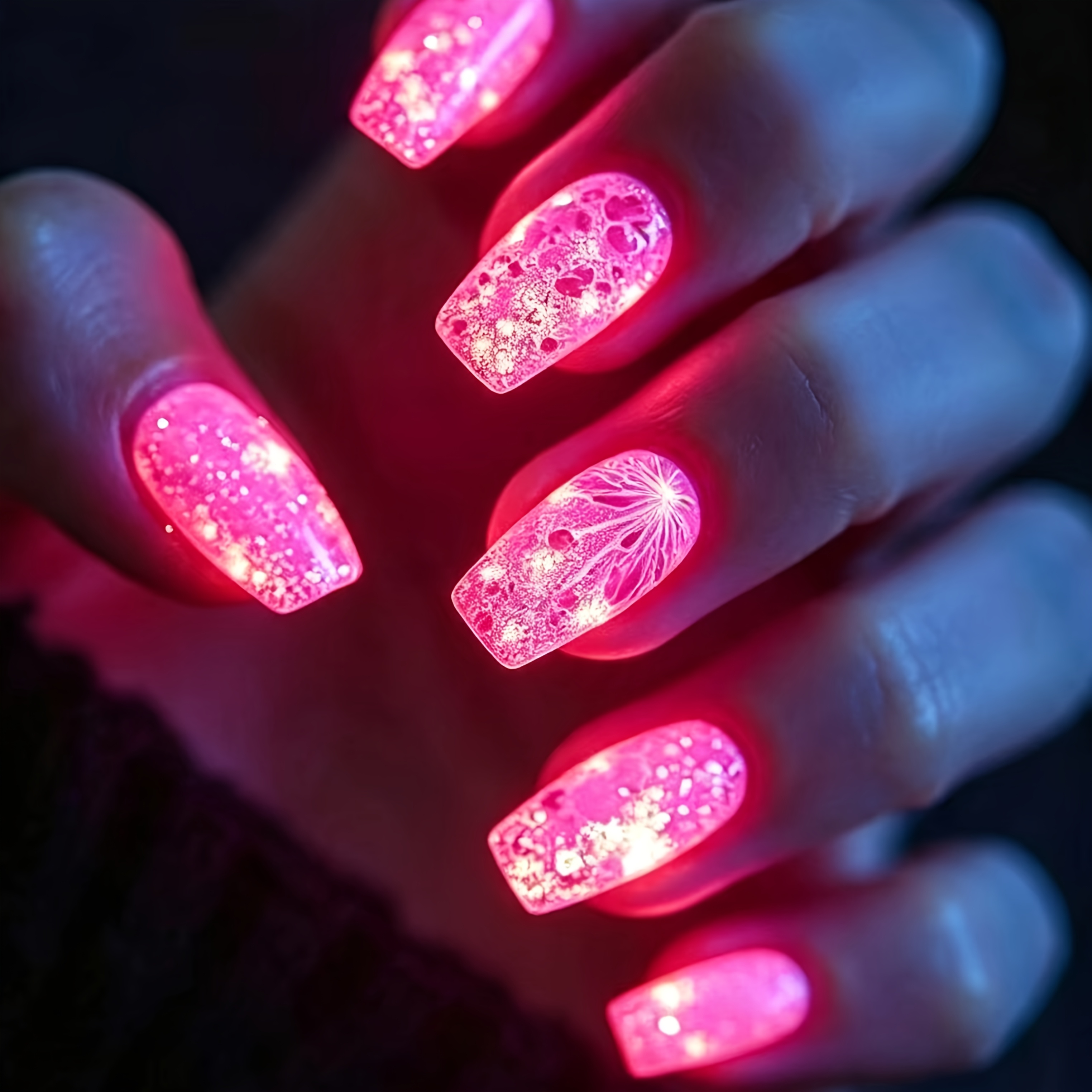 TEMU Lot de 24 faux ongles pratiques à pression, paillettes dorées en poudre phosphorescentes, ongles à pointes strass feu d'artifice, lumineux la