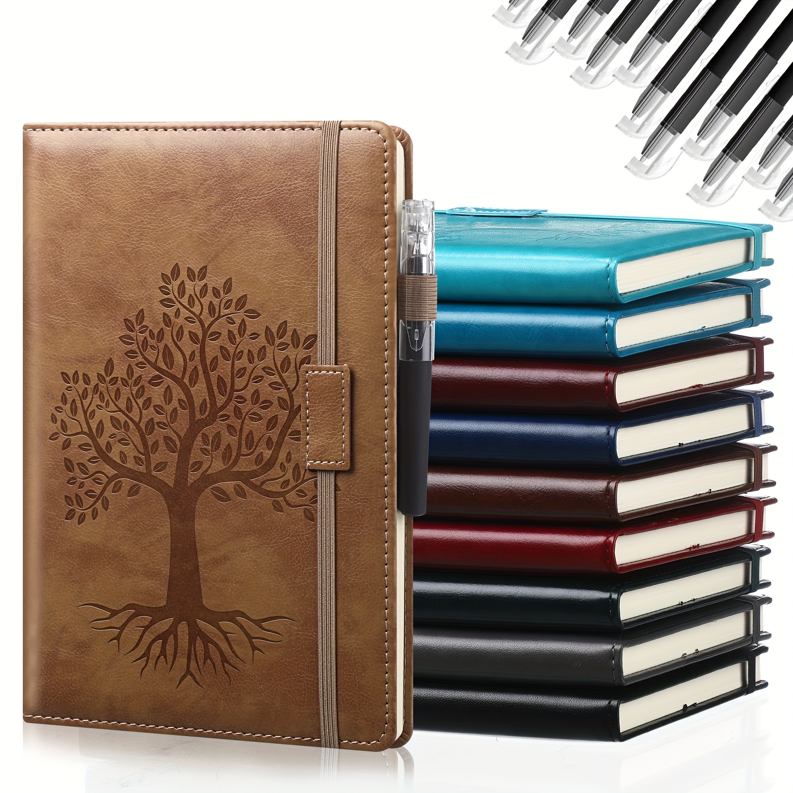 item picture set of  5 hardcover leather journals featuring a tree of   complete with 10 pens ideal for college notes travel business and office use in a vintage dark hue