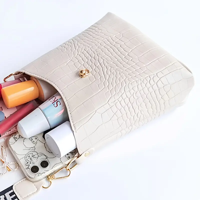 1pc crocodile pattern bucket bag stylish womens crossbody purse with hardware black casual or formal occasions details 3