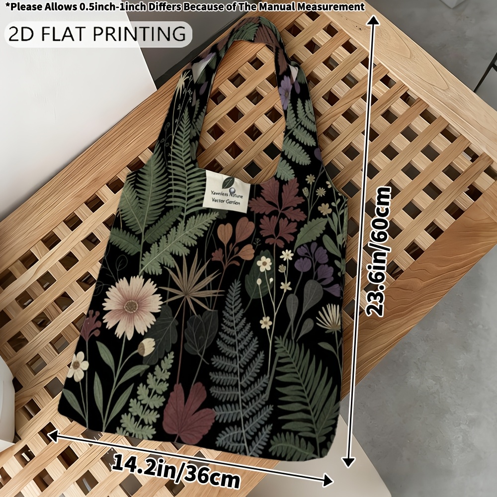 TEMU 1 ud. Bolso tote impreso 2D | con patrones florales y de plantas, diseño de botones, bolsa de compras reutilizable, estructura , bolso de