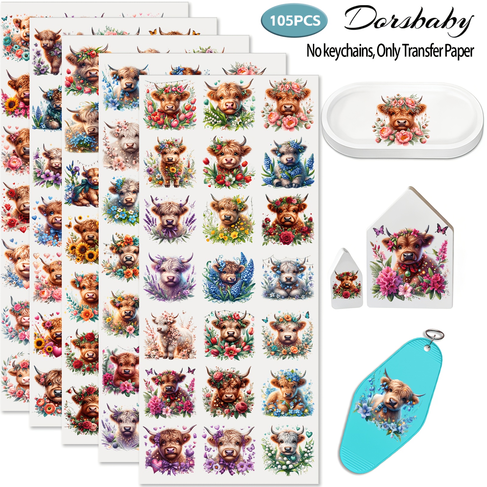 TEMU 105pcs/set Highland Cows Uv Dtf Transfer Paper, Small Transfer For Keychains, Cups, Phone Cases & , Permanent High Mini For Diy Projects, Art