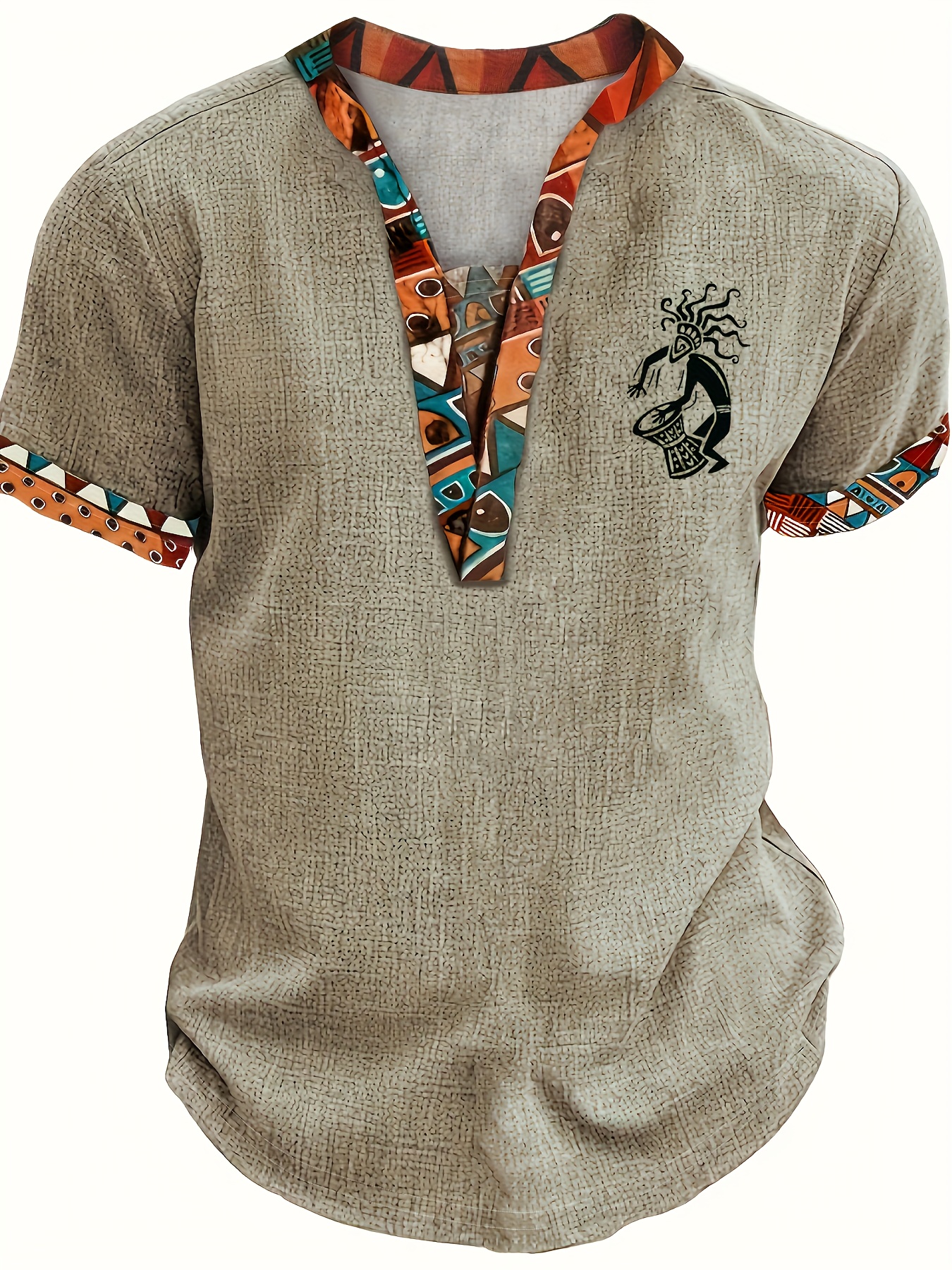 mens stylish print henley featuring a fashionable casual ethnic tribal   drum pattern with tribal figures suitable for outdoor wear short sleeved casual henley shirt with a stand collar