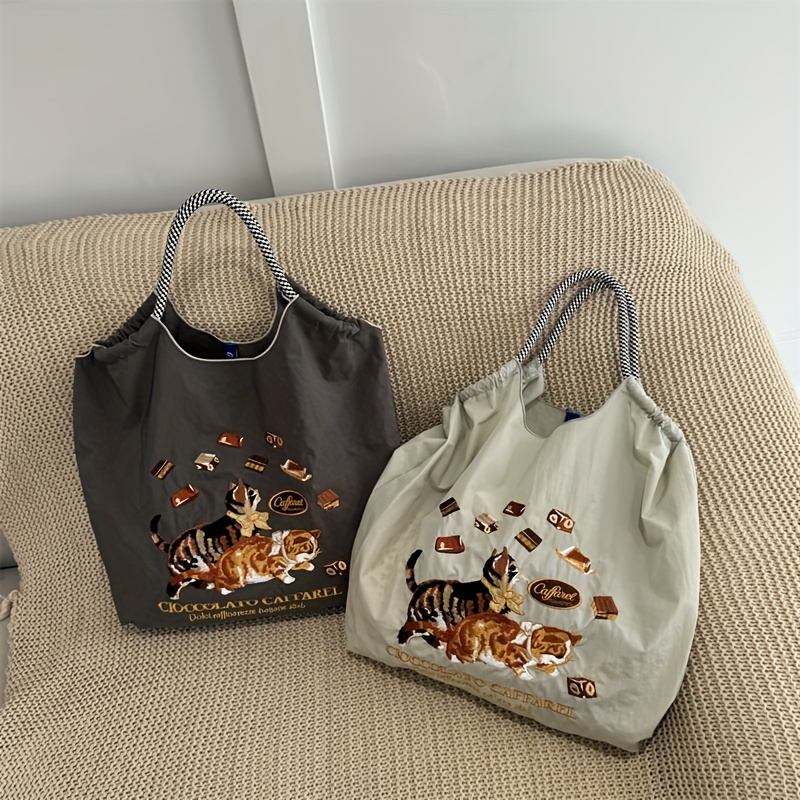 

[customer ] Embroidery Pattern Shopping Bag, Nylon Large Capacity Hand Bill Shoulder Crossbody Bag Without Shoulder Strap