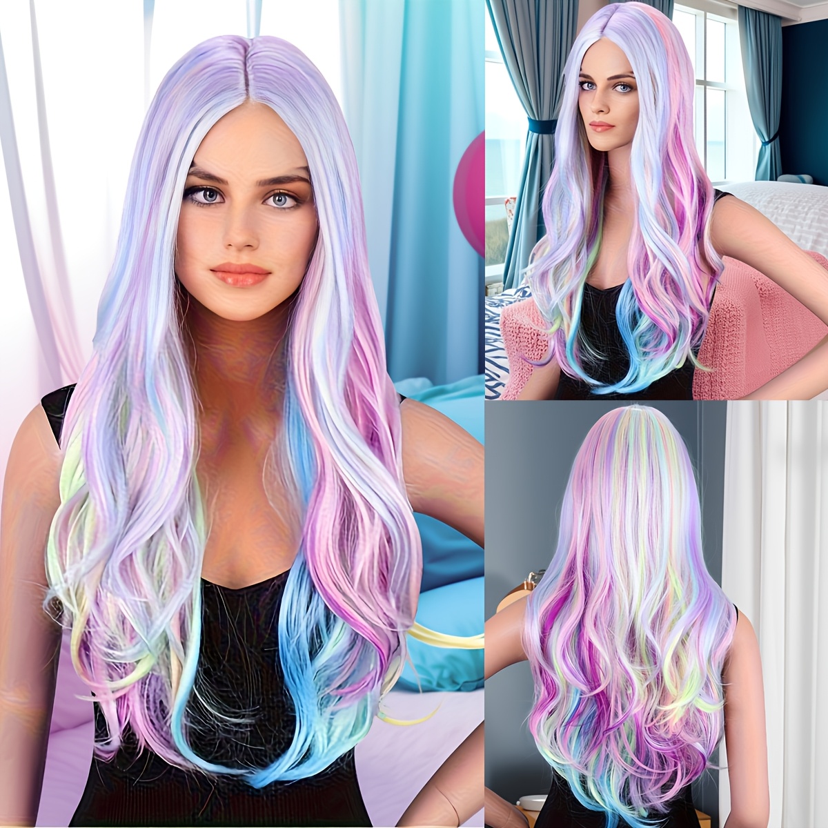 Pink Blue Curly Wig High Temp Fiber Wavy for Cosplay & Costume Use Amazon.com: BERON Rose Ombre Blue Wigs Long Wavy Wig for  main image 4