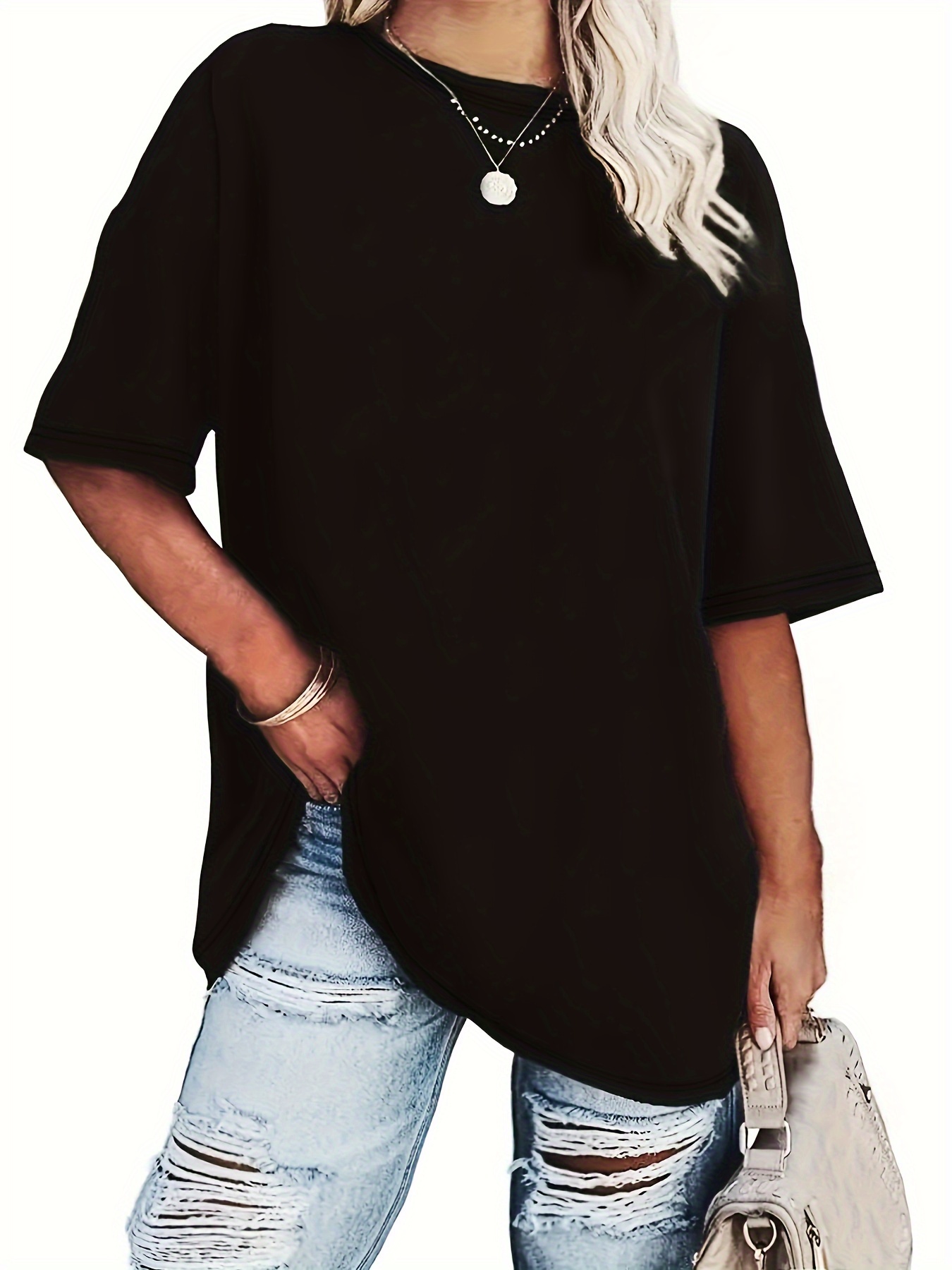 Plus Size Solid Simple T-Shirt, Casual Crew Neck Short Sleeve T-Shirt, Women's Plus Size?Clothing