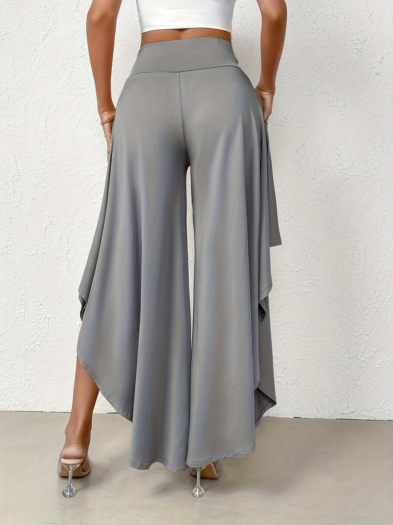 高級品市場 asymmetric hem wide leg pants casual solid high waist ruffle パンツ