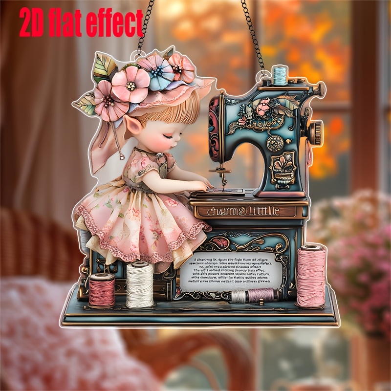 

1pc, Vintage Fairy Sewing Machine Acrylic Suncatcher, 7.8"x8" 2d Flat Effect, Plastic , Ideal For Wedding Decor, Craft Room, , Unique Gift For Crafters