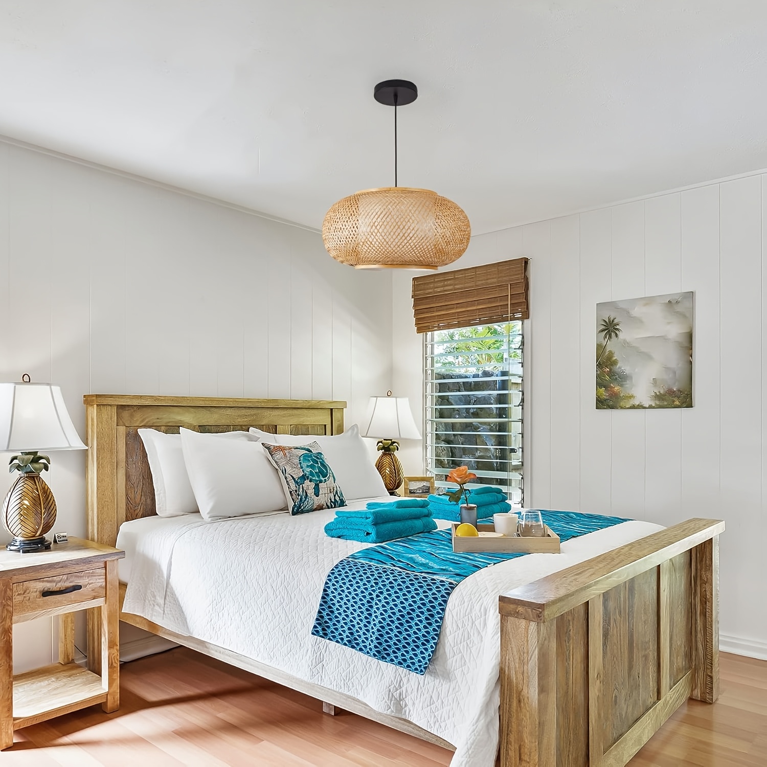 Natural Rattan & Solid Wood Hand-Woven Ceiling Light for Home Decoration