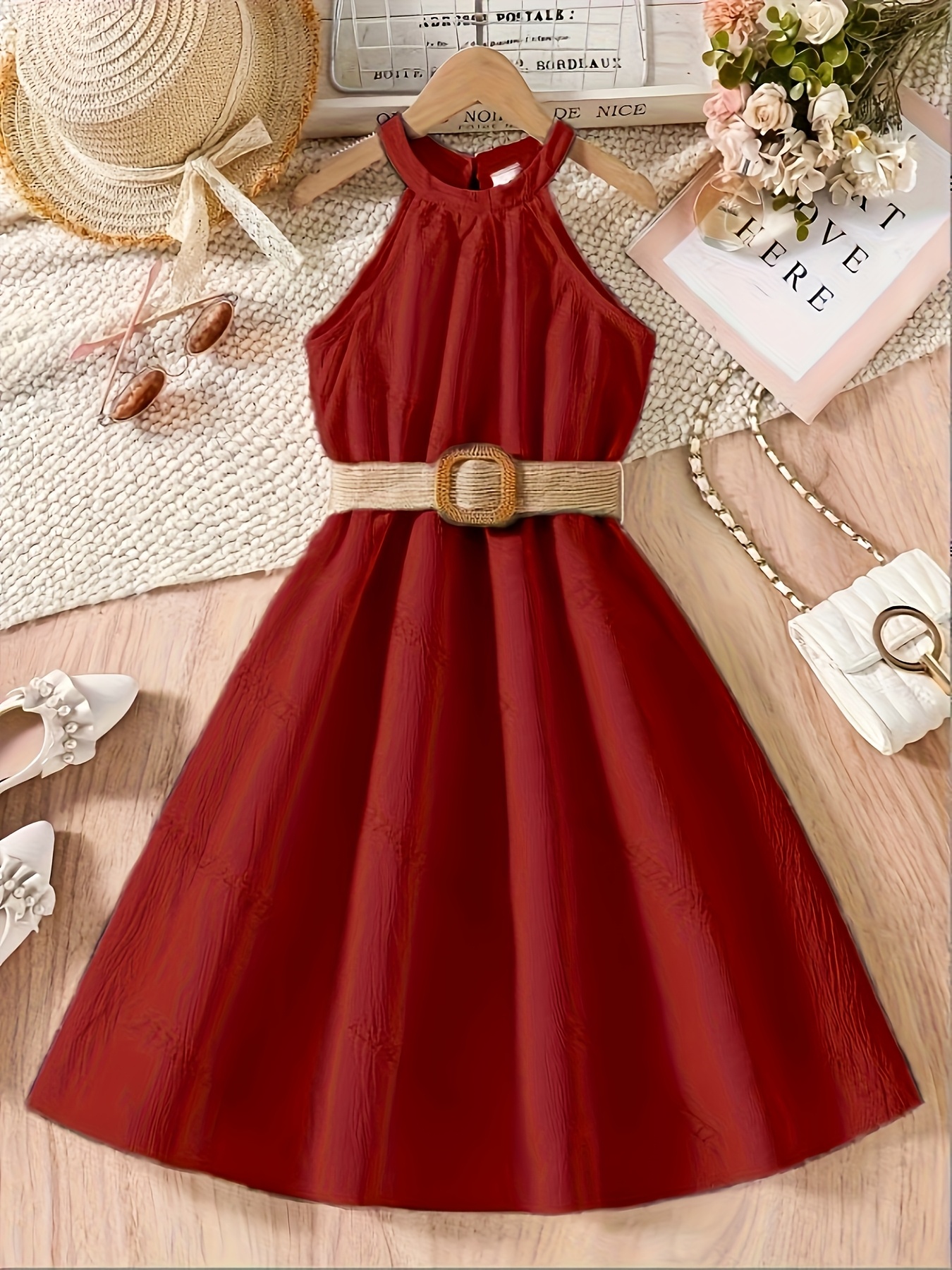 girls summer halter sleeveless elegant dress belt kids' - Temu