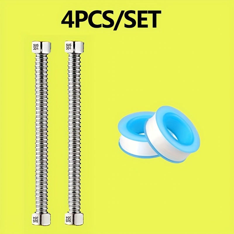 Image of 4pcs 304 Stainless Steel Corrugated Hoses 1/2" Household Pipes For Toilet & Water Heater - Metal High Quality Flexible Tubes, Heat-, , - Perfect For Bathroom & Water Heater Cold/hot Water Connections