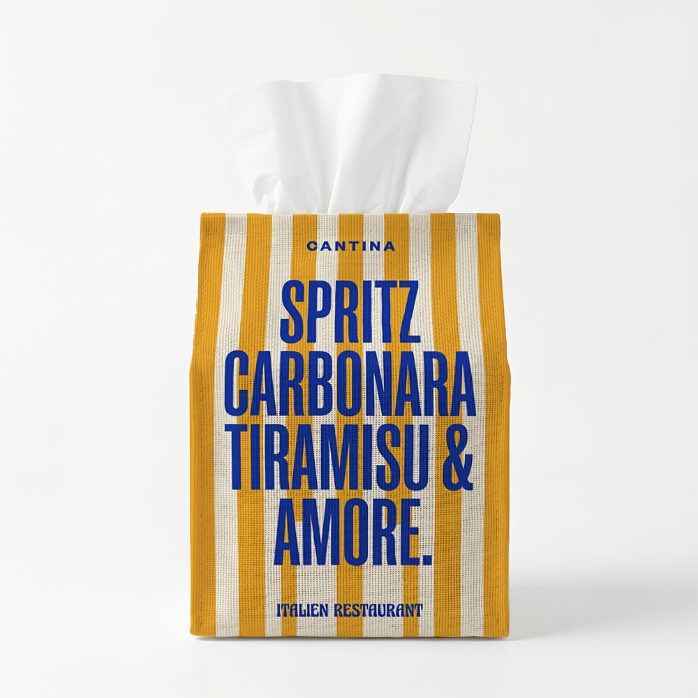 TEMU 1 pièce Housse de boîte à mouchoirs style Amalfi italien, Porte-serviettes en toile à rayures bleues et jaunes, Distributeur de mouchoirs carré