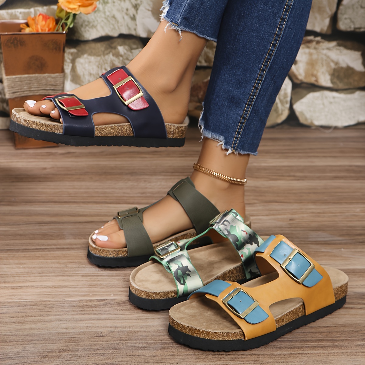 womens retro cork slides double buckle straps open toe flat shoes casual summer outdoor slide sandals 1