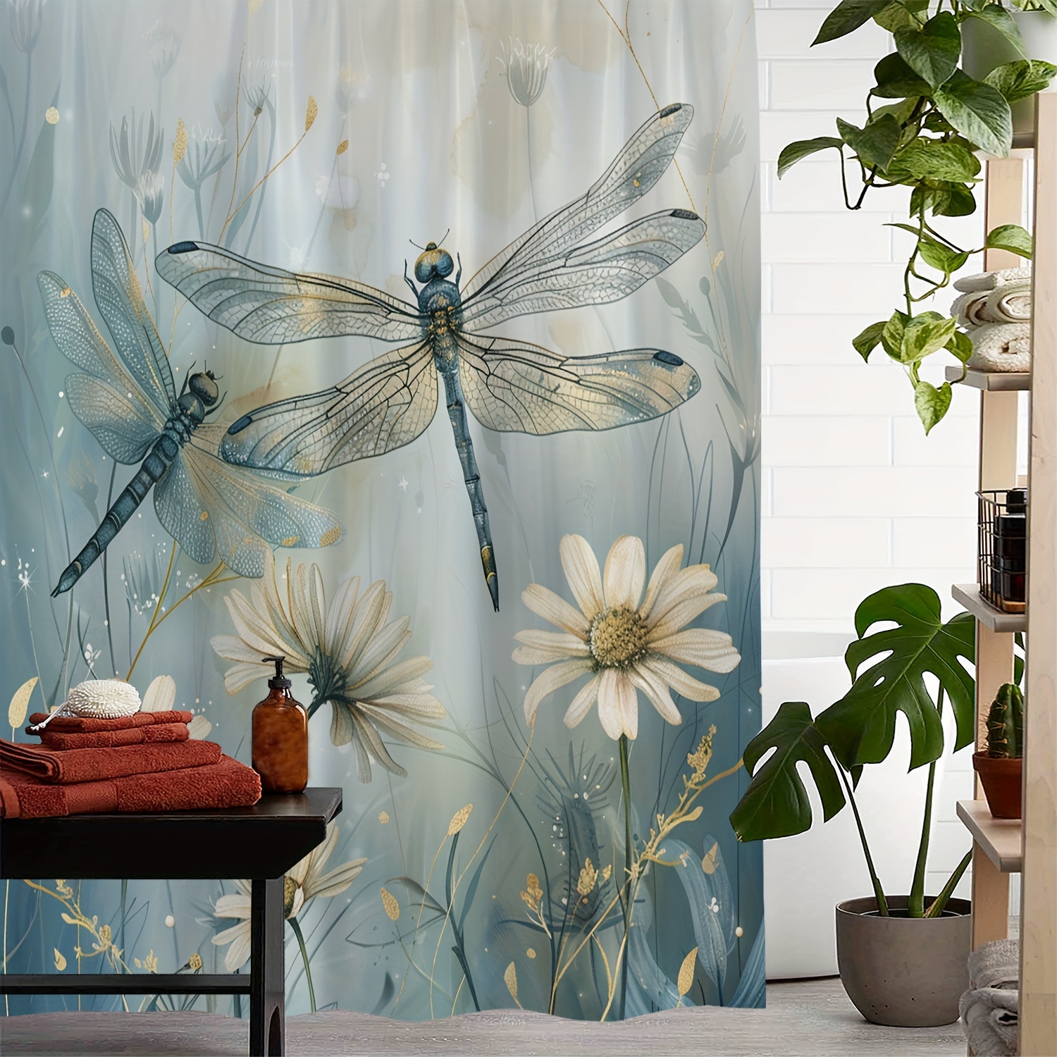 

1pc Vintage Dragonfly And Floral Pattern Shower Curtain, Waterproof Shower Curtain With 12 Hooks, Bath Curtain, Bathroom Partition, Room Decoration, Machine Wash Window Bathroom Decoration