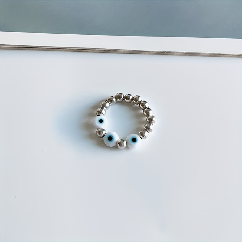 Evil Eye Protection Ring Stackable Adjustable Silvery Beaded Jewelry for Women