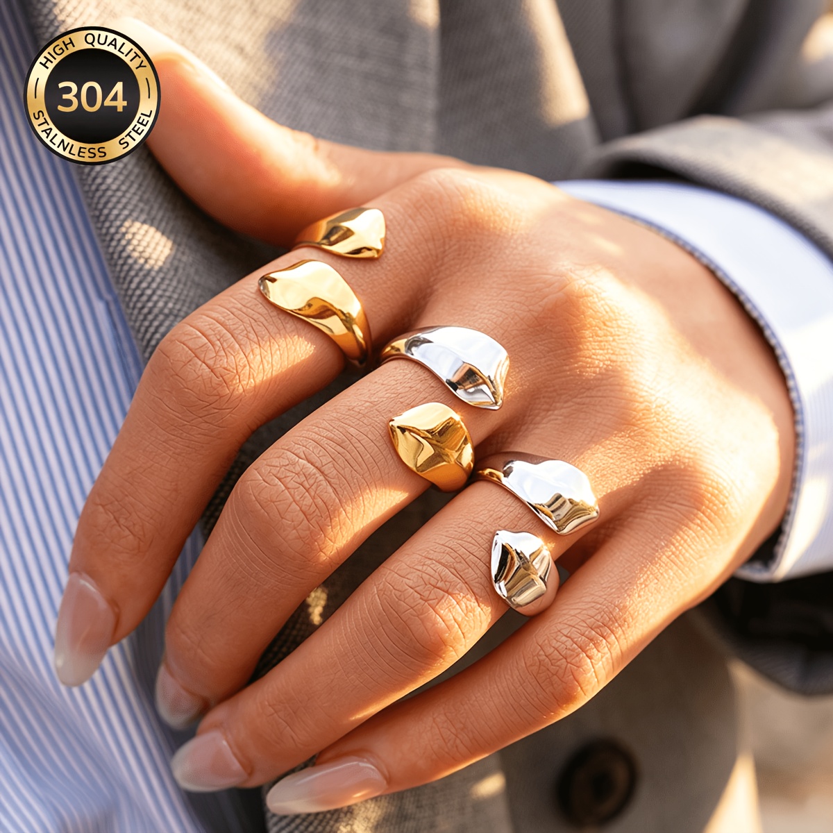 Women's Irregular Wave Open Ring, Two-Tone Design