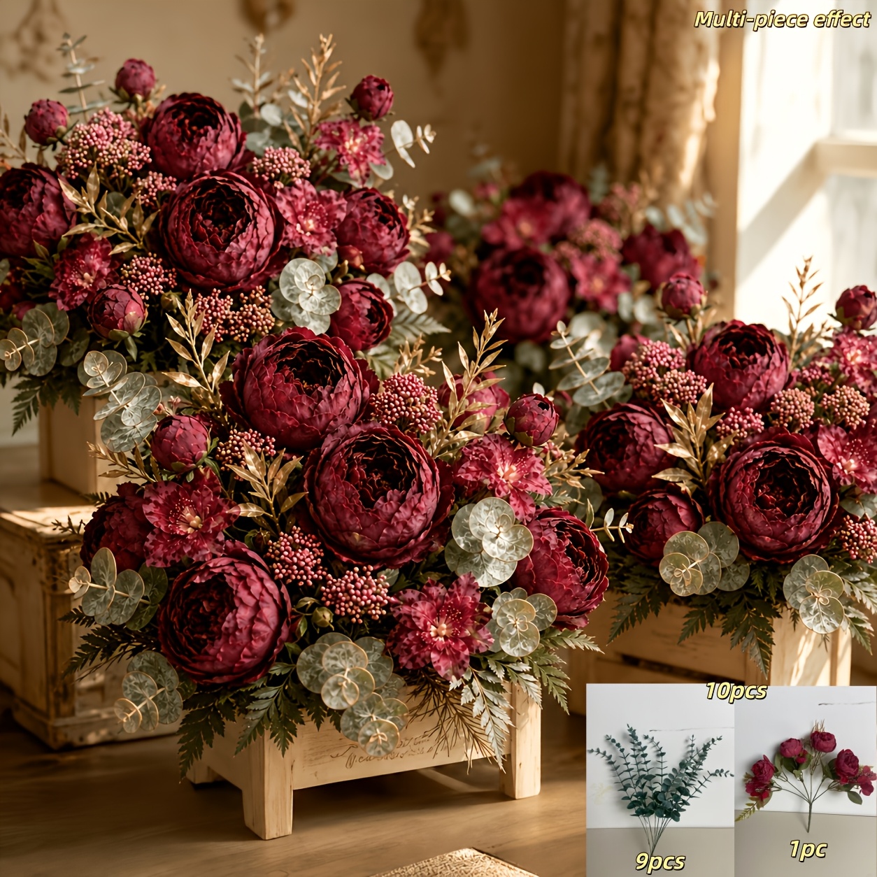 TEMU 10pcs Red Peony Bouquet And Premium Eucalyptus Leaf Mixed Floral Arrangement, Autumn Winter Wedding Bridal Bouquet, Living Room Dining Table