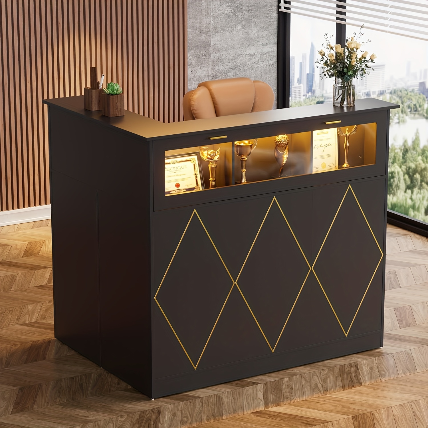 Image of Reception Desk, L-shaped Modern Reception Desk, With Glass Display Shelf, Reception Table With Drawers And Storage Cabinets, Suitable For , Salon, Retail Store, Home Office, Black