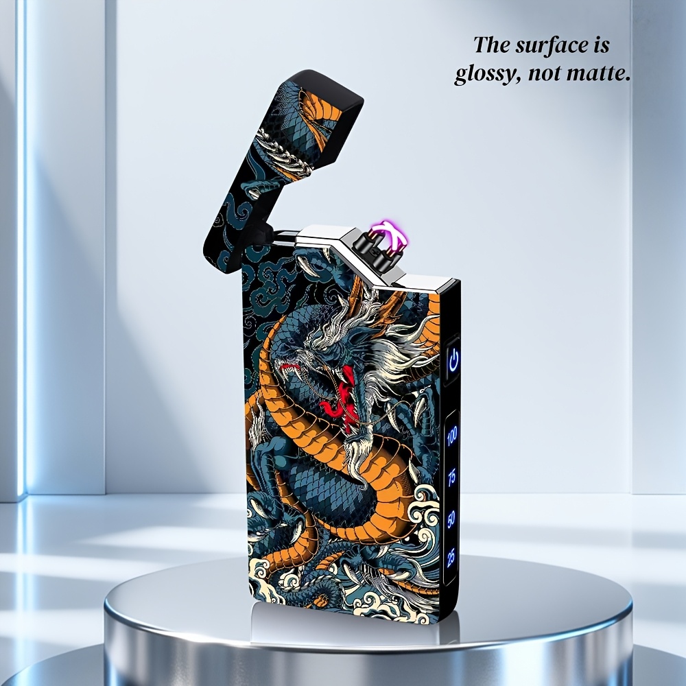 TEMU 1pc Usb-c Rechargeable Electronic Lighter With Chinese Dragon, Windproof Suitable For Outdoor Survival, Dual Arc Ignition & Power Display, No