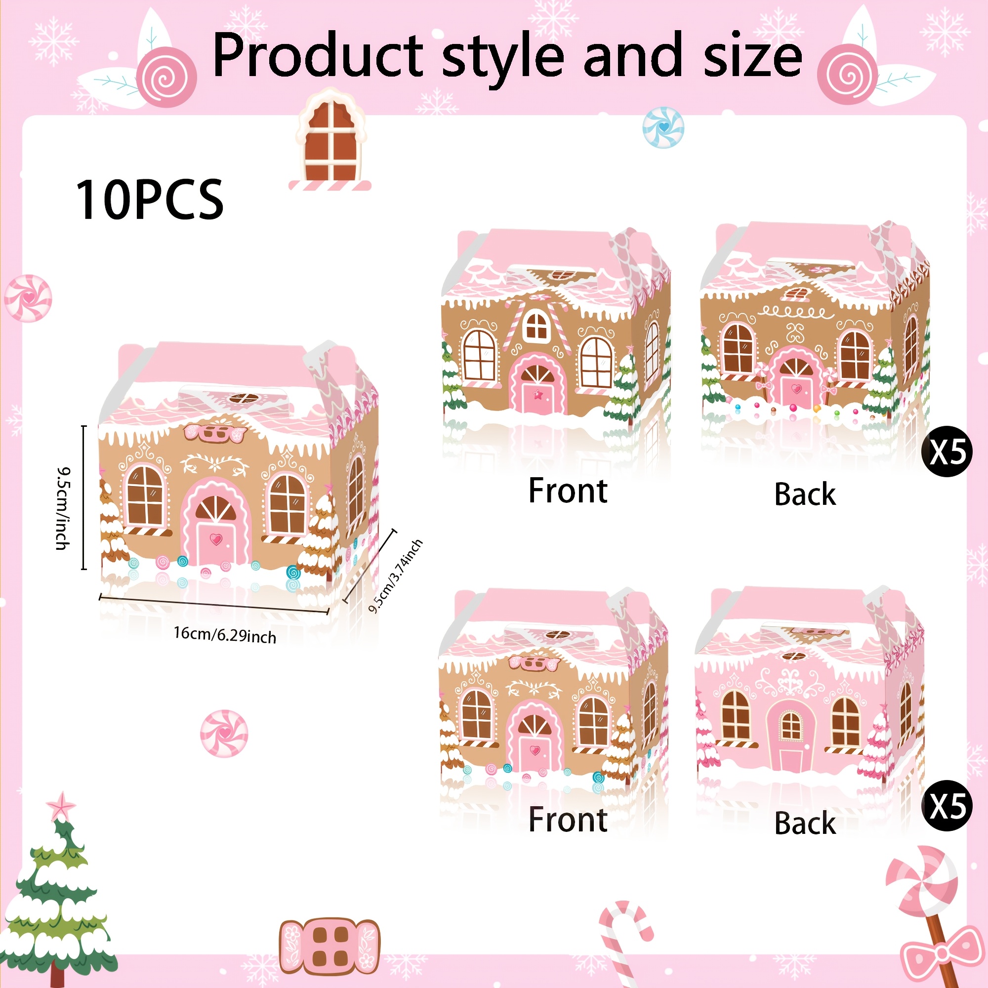 TEMU 10pcs Merry Christmas Pink Gingerbread Favor Gift Box, High-quality Reusable Pink Christmas Tree Snowflake Candy Cane Printed Tote Box, Suitable
