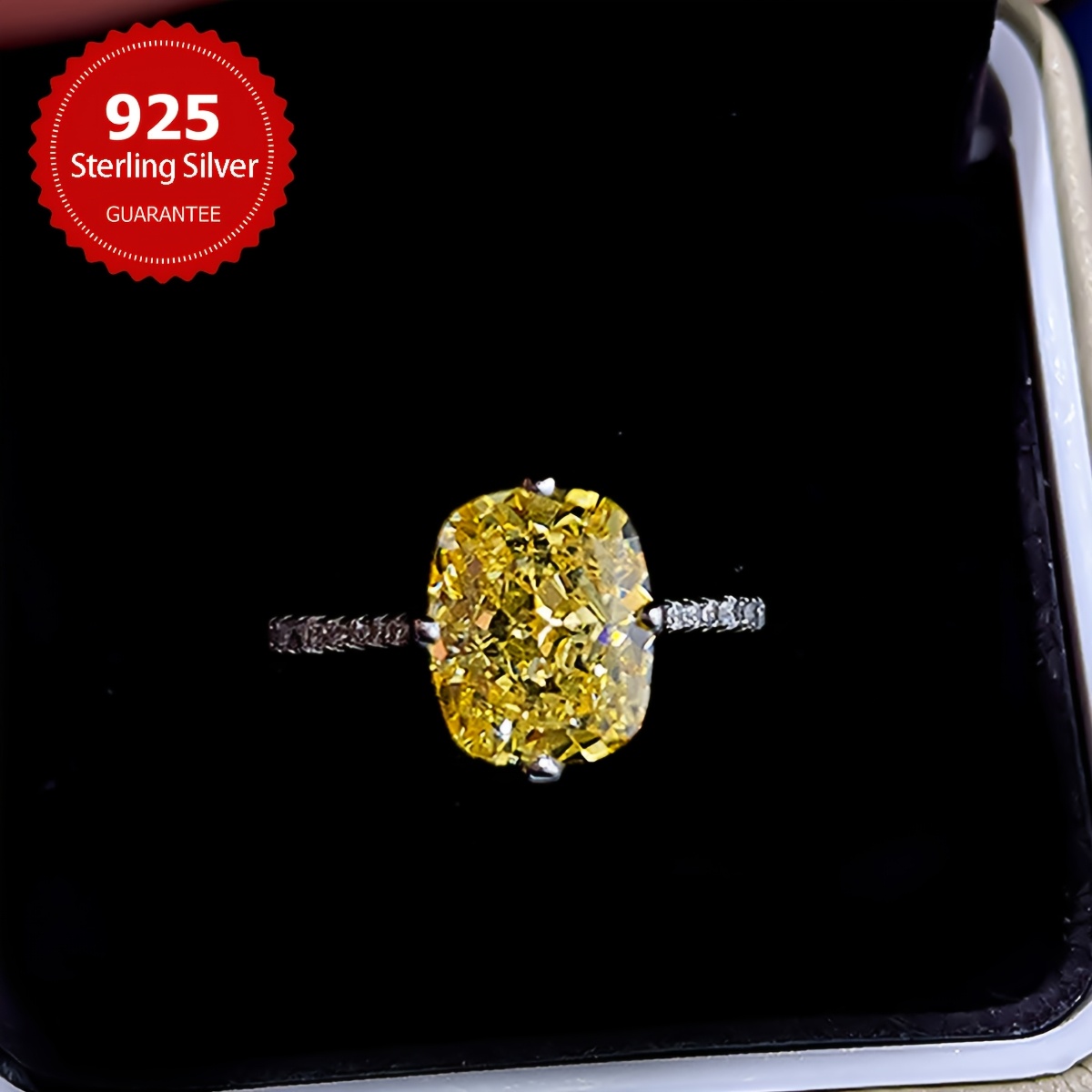S925 Silver Lemon Yellow Square Ring, High-End Gift
