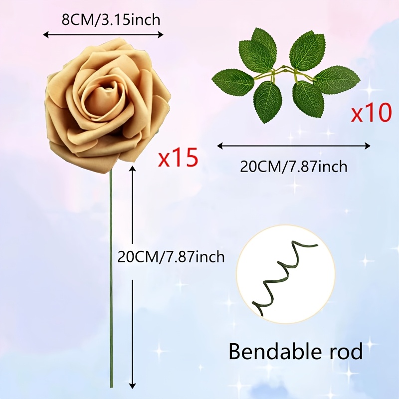 TEMU 25pcs Golden Artificial Rose Flower Bouquet (15pcs Roses And 10pcs Leaves) Autumn Fake Plastic Flowers With Stems, For Decor, Thanksgiving,