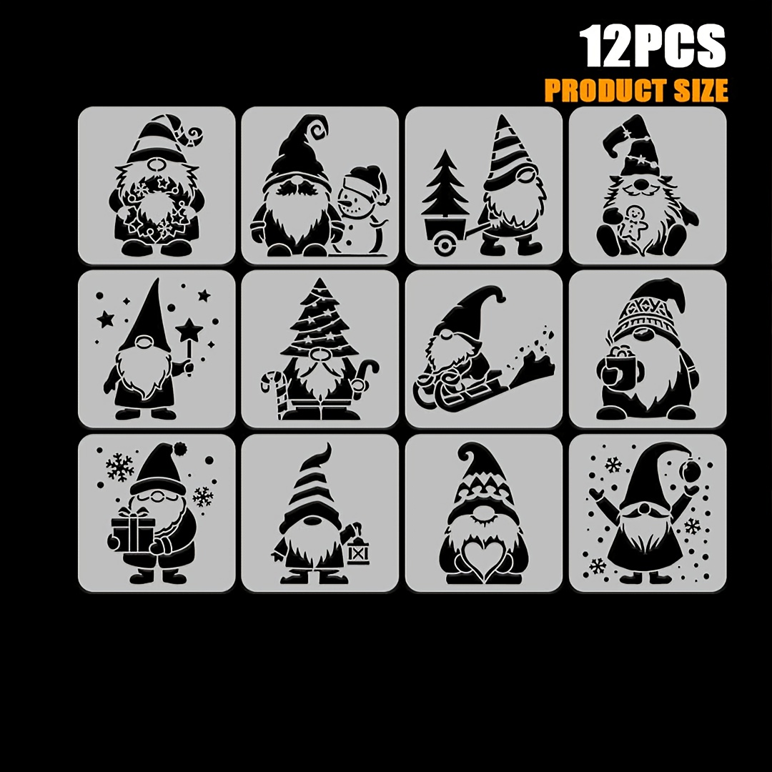 TEMU 12pcs Gabarits de peinture de gnomes de Noël, 3.9X3.9 pouces, Gabarit de peinture creux de gnomes de Père Noël, Gabarit de peinture à