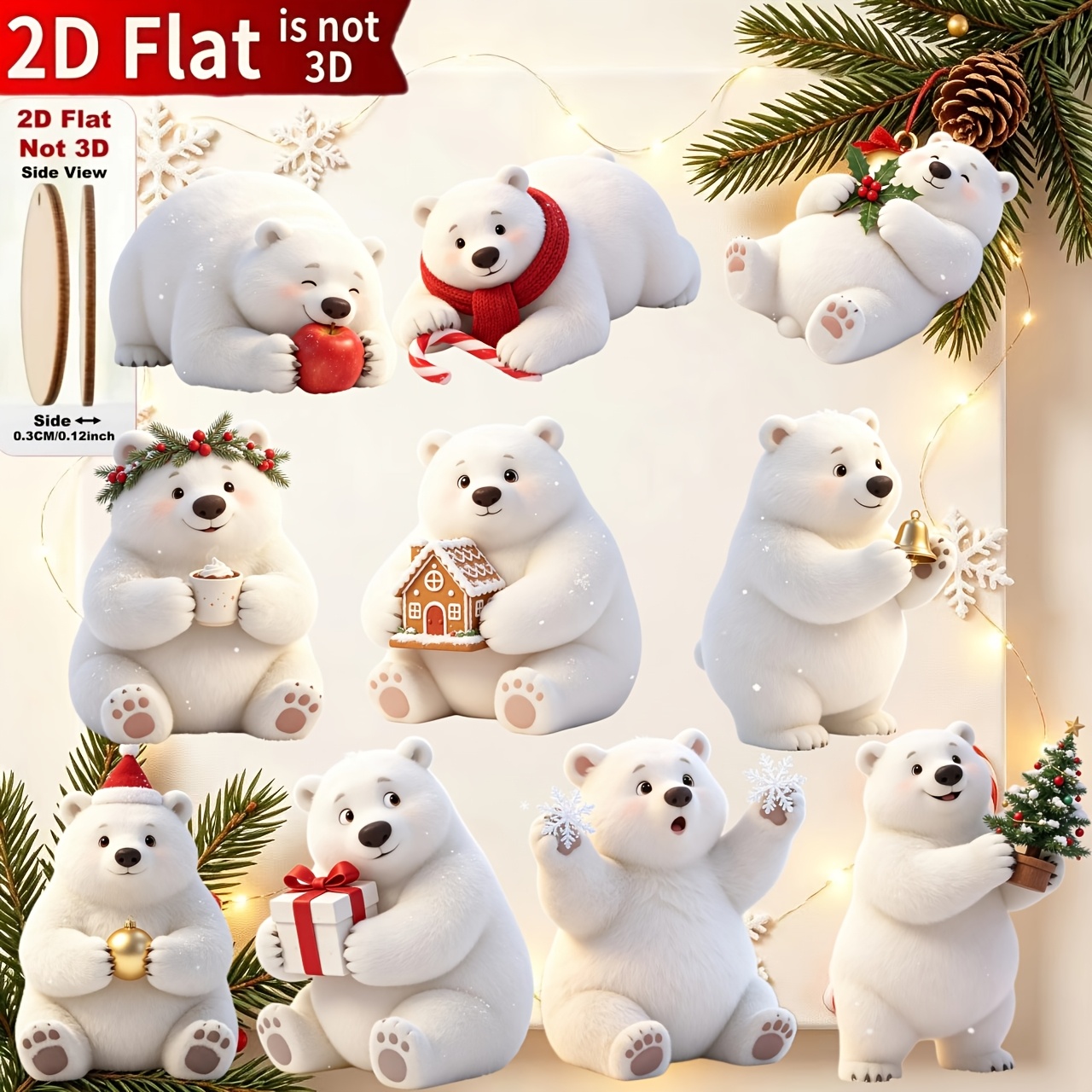 TEMU 2d Flat, 2d Flat 10pcs Little White Bear Wooden Christmas Ornament Set, Outfits, Suitable For Trees, Home, Parties, And Holiday Gifts - Festive