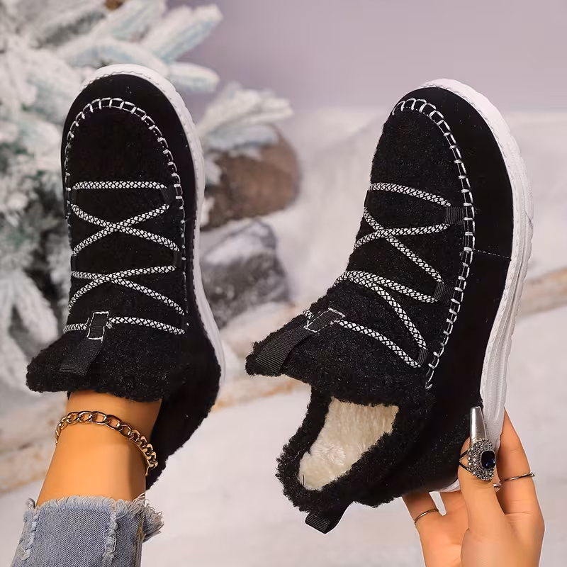 womens plush winter boots with thickened fleece lining slip on round toe flat sole brown cover upper eva sole cushioned insole Product details 5