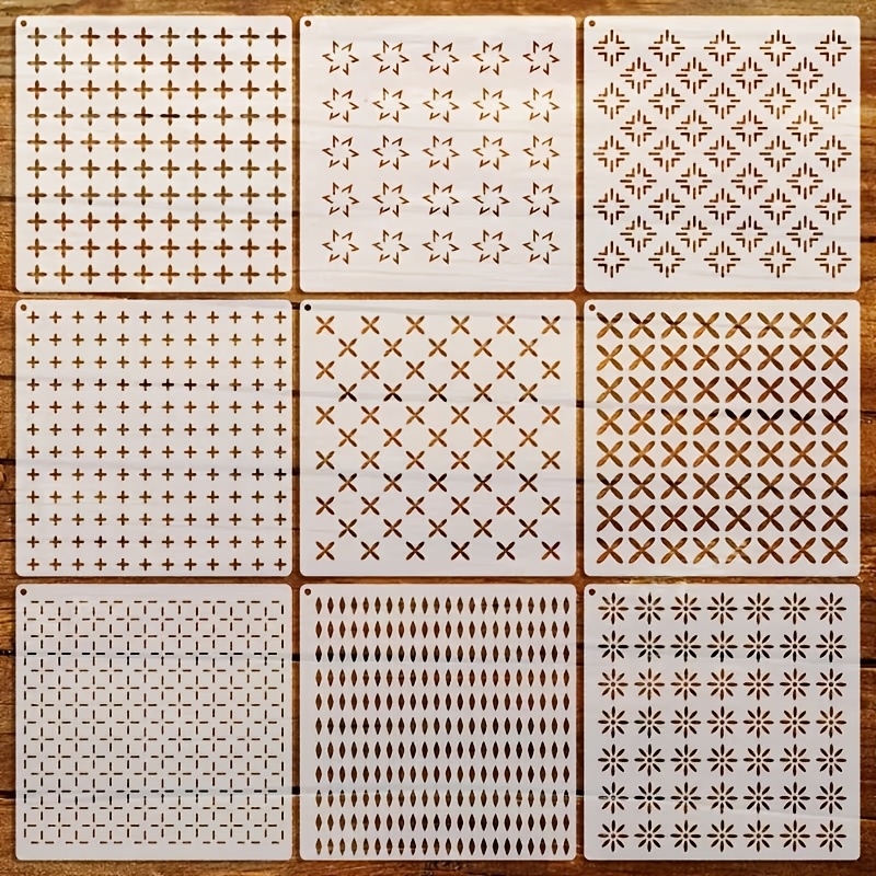 TEMU 9pcs Japanese Embroidery & Quilting Stencils Set - Reusable Pet Plastic Fabric Crafting Templates With 3.94" Large Templates & Layered Cutouts