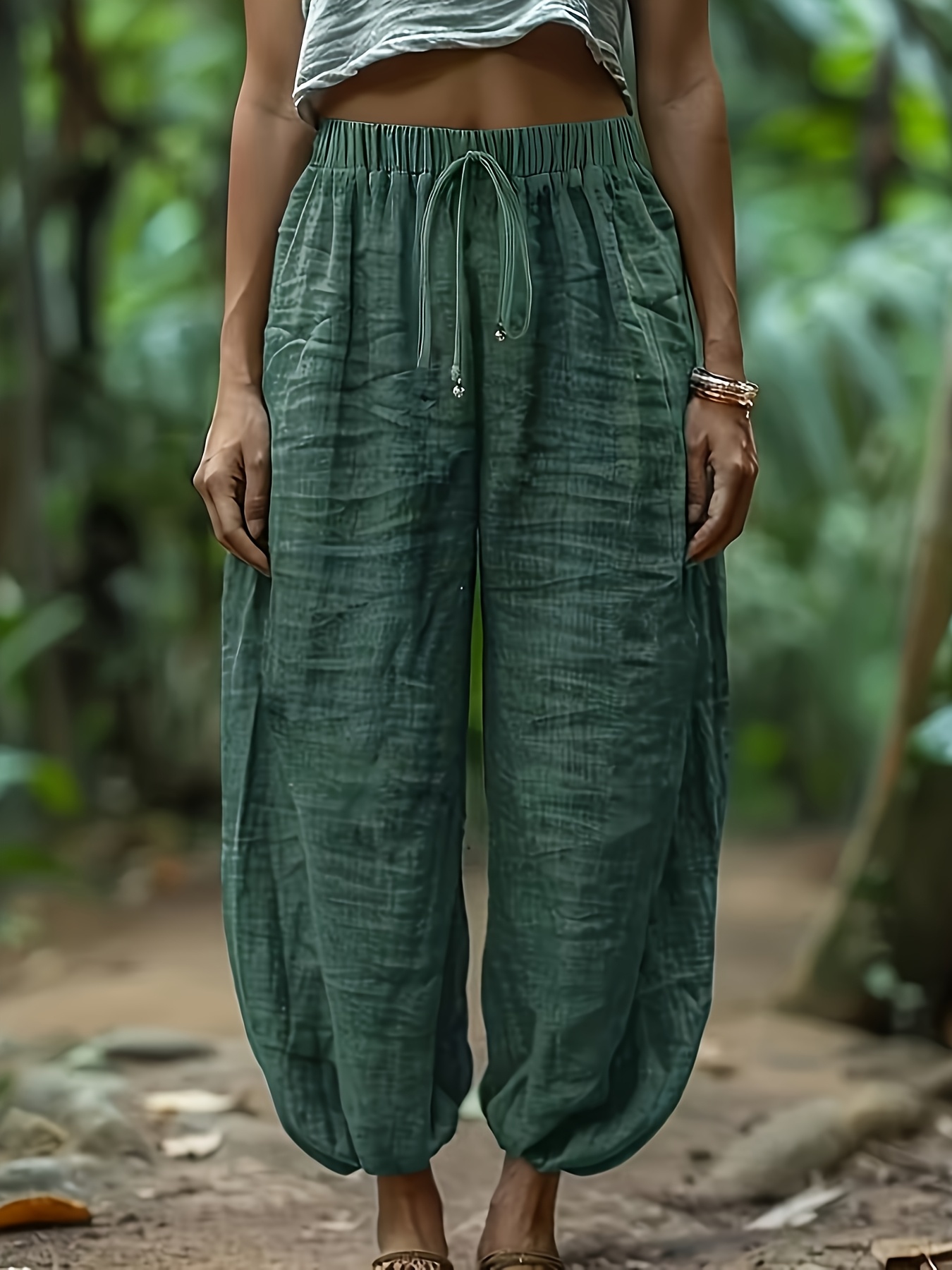 qd1118001 womens elegant wide leg pants drawstring elastic waist loose fit trousers   casual formal pants suitable for daily and formal occasions elegant solid color machine washable non stretch fabric comfortable relaxed fit