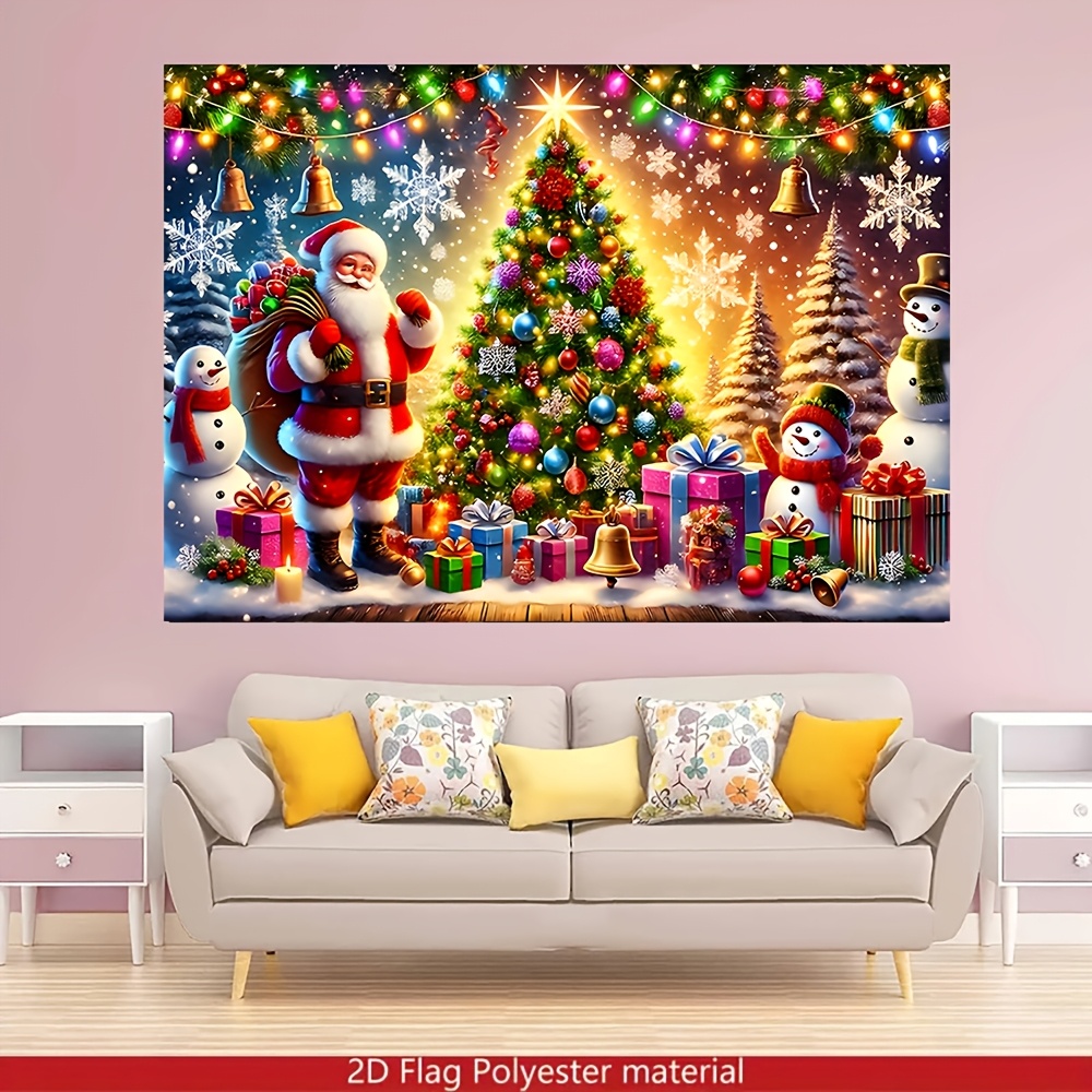 TEMU 1pc Santa Claus And Snowman Colorful Lights Christmas Tree Warm And Beautiful Snow Scene Holiday Atmosphere Backdrop, Wall Decoration Hanging